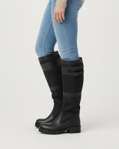 Bottes hautes équestres femme noires à double boucle et semelle crantée, vue de trois quarts