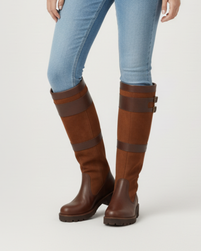 Bottes hautes équestres femme marron clair cognac à double boucle, portées avec un jean, vue de trois quarts