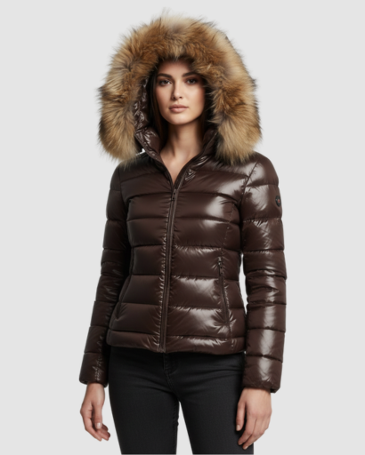 Doudoune femme brillante capuche fausse fourrure, noir