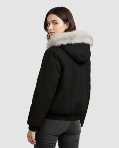 Veste courte femme à col fourrure oversize portée en hiver