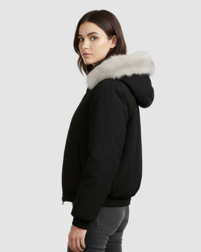 Veste courte femme à col fourrure oversize portée en hiver