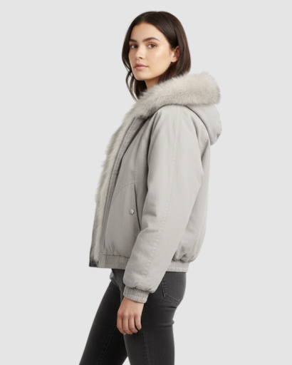 Veste courte femme à col fourrure oversize portée en hiver