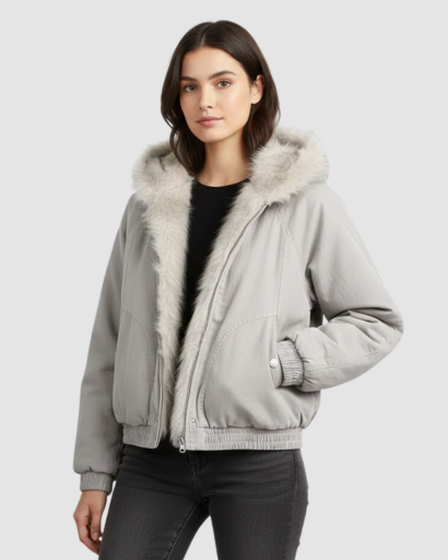 Veste courte femme à col fourrure oversize portée en hiver