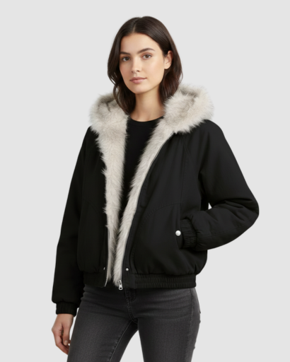 Veste courte femme à col fourrure oversize portée en hiver