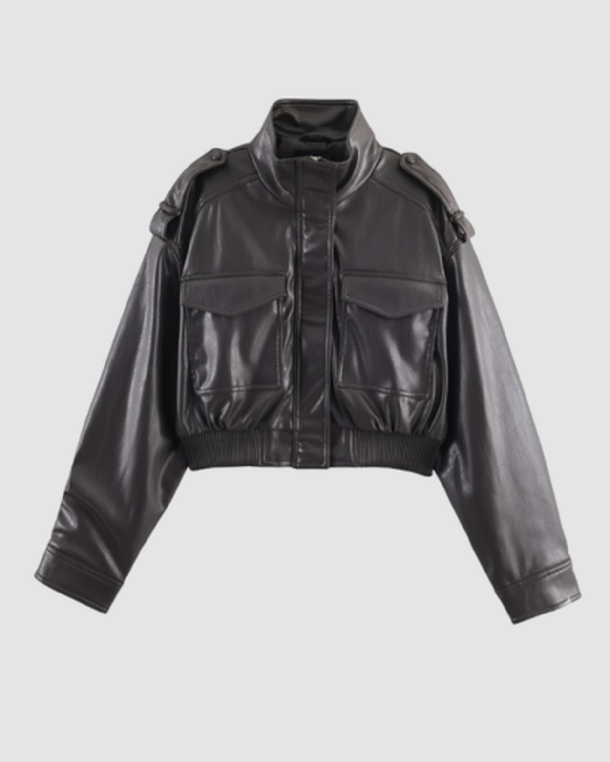 Veste courte en cuir à col montant et poches cargo
