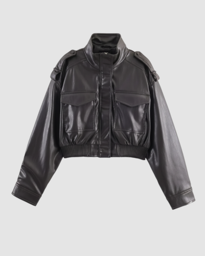 Veste courte en cuir à col montant et poches cargo