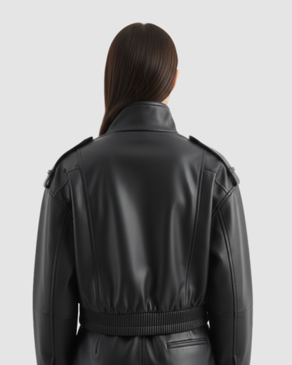 Veste courte en cuir à col montant et poches cargo