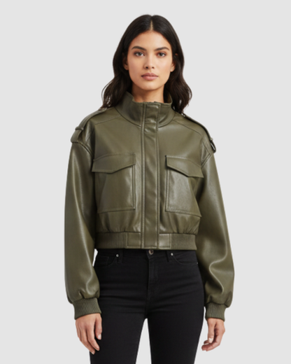 Veste courte en cuir à col montant et poches cargo