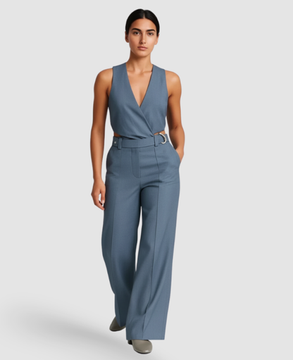 Combinaison Pantalon Femme – Col en V Croisé & Taille Haute, Jumpsuit Large Élégant