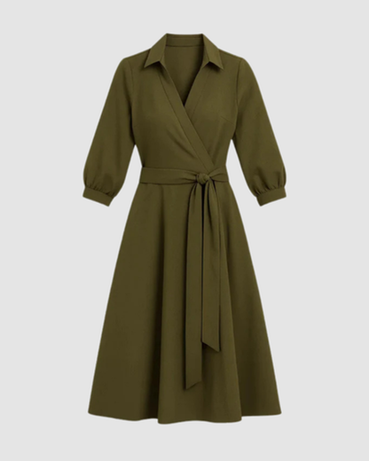 Robe midi femme – col en V évasé et taille ceinturée | Robe cocktail élégante