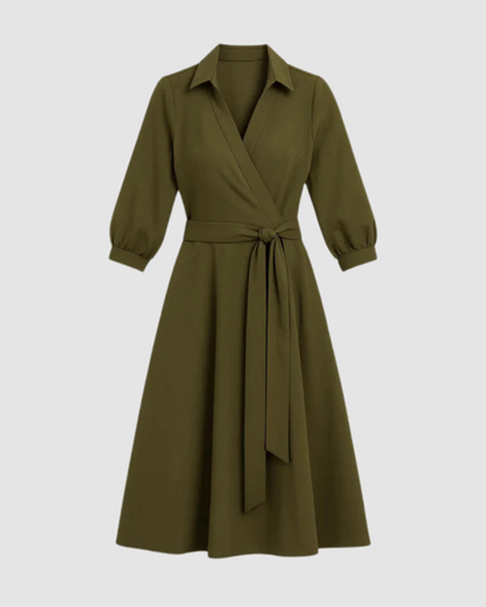 Robe midi femme – col en V évasé et taille ceinturée | Robe cocktail élégante