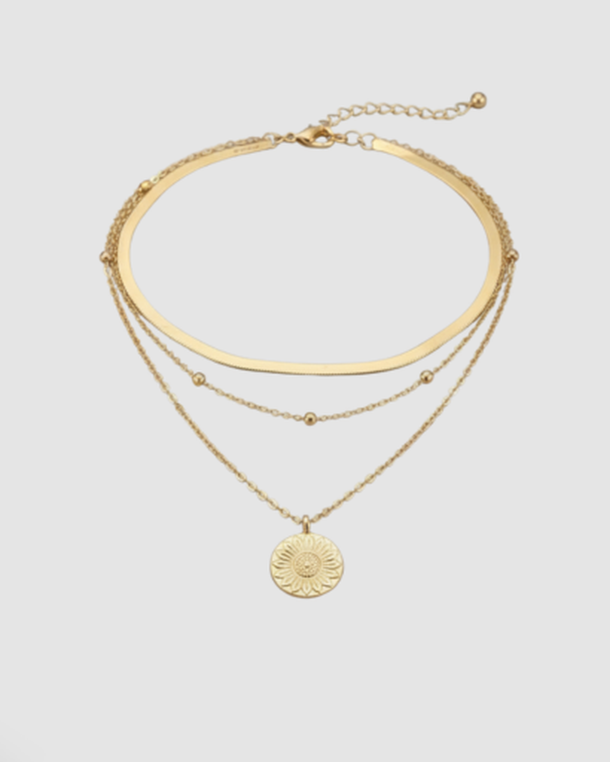 Collana Multistrato Bohemien con Catena Snake e Ciondolo Medaglia Sole