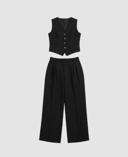 Ensemble tailleur femme avec gilet sans manches et pantalon large taille haute à plis