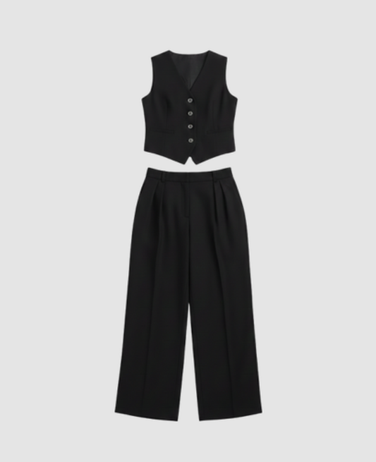 Ensemble tailleur femme avec gilet sans manches et pantalon large taille haute à plis