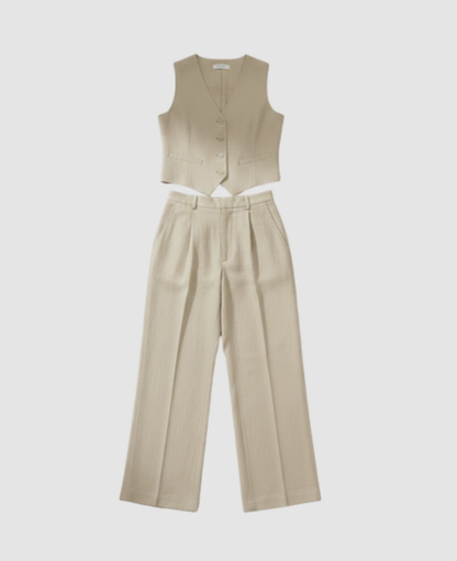 Ensemble tailleur femme avec gilet sans manches et pantalon large taille haute à plis