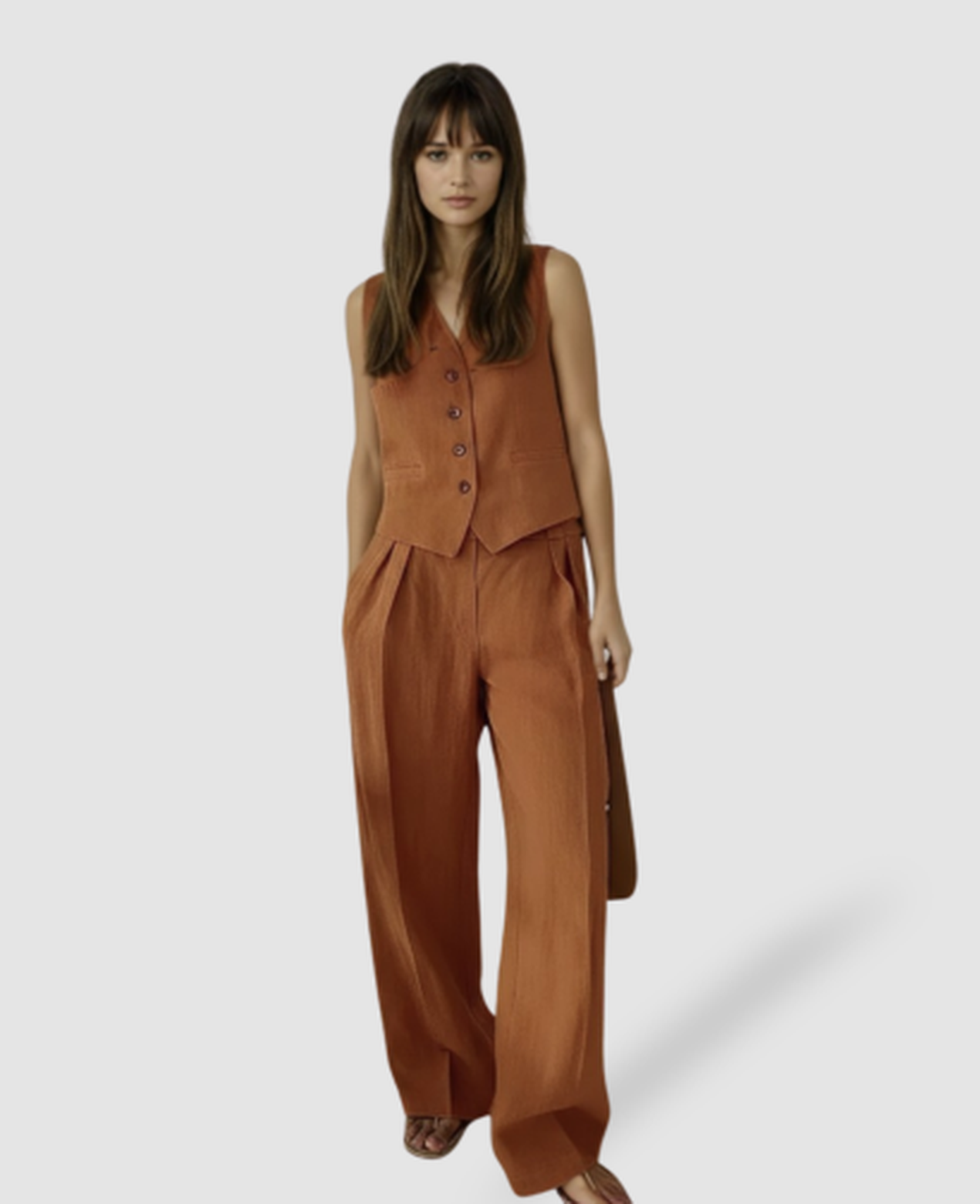 Ensemble tailleur femme avec gilet sans manches et pantalon large taille haute à plis