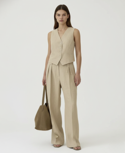 Ensemble tailleur femme avec gilet sans manches et pantalon large taille haute à plis