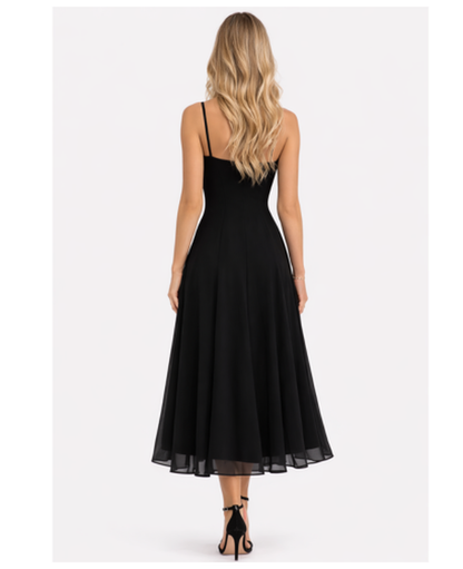 Robe Midi Évasée Femme – Bretelles Fines & Encolure Carrée, Style Élégant Estival Chic