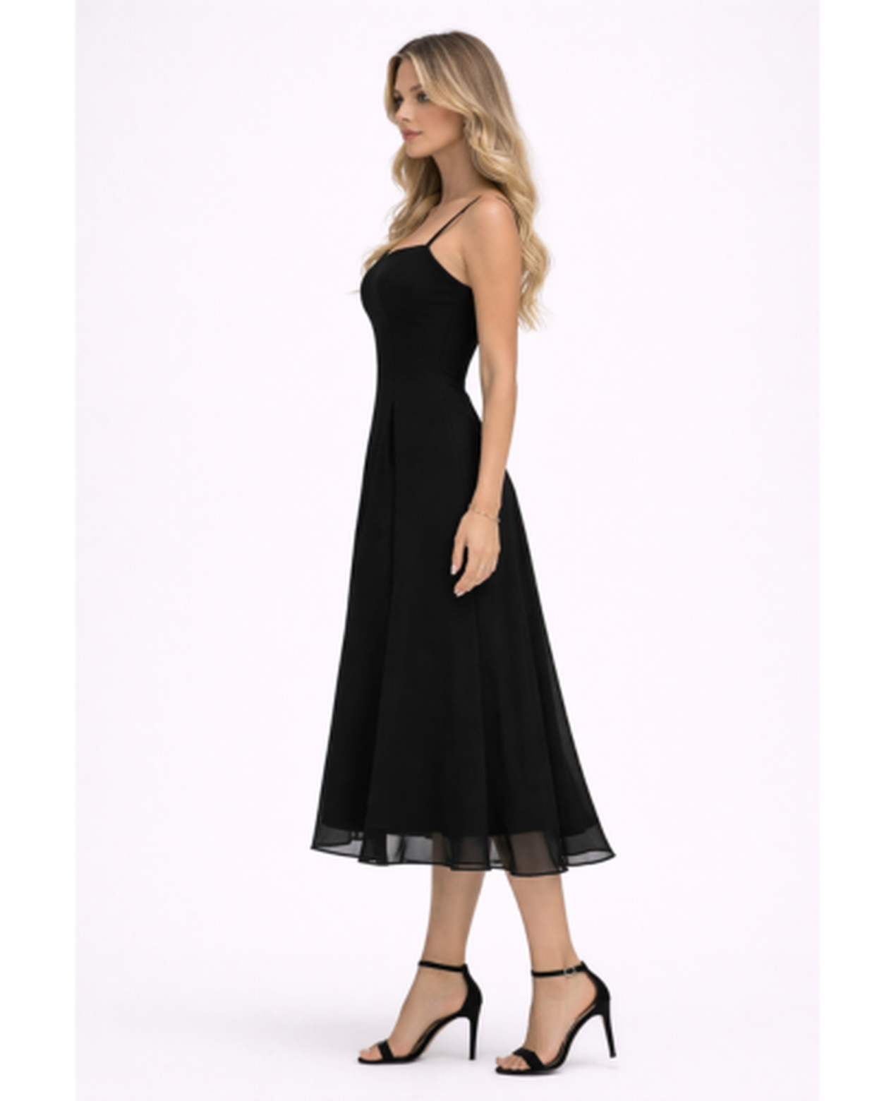 Robe Midi Évasée Femme – Bretelles Fines & Encolure Carrée, Style Élégant Estival Chic