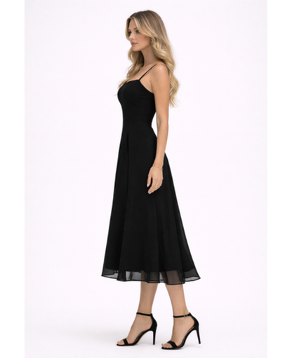 Robe Midi Évasée Femme – Bretelles Fines & Encolure Carrée, Style Élégant Estival Chic