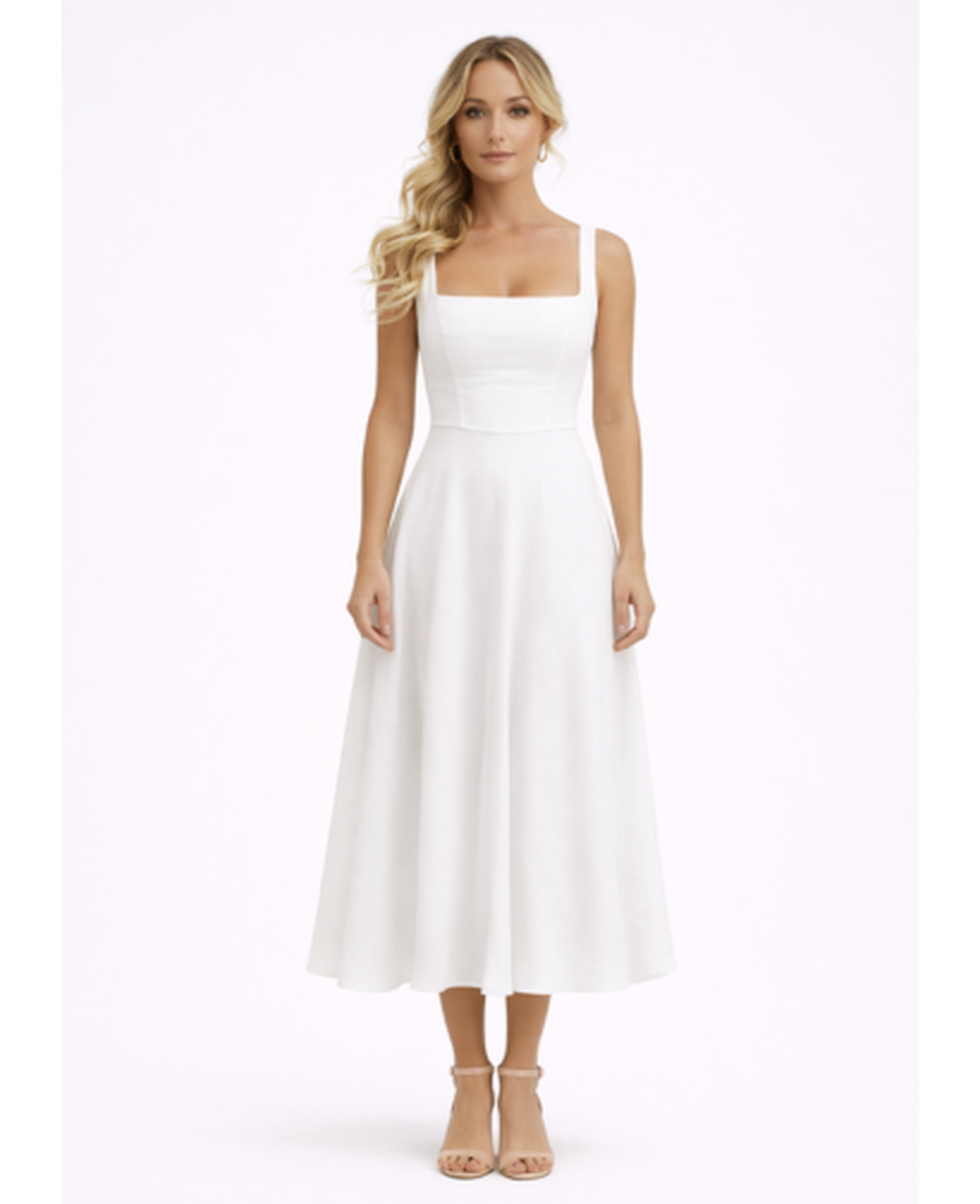 Robe Midi Évasée Femme – Bretelles Fines & Encolure Carrée, Style Élégant Estival Chic