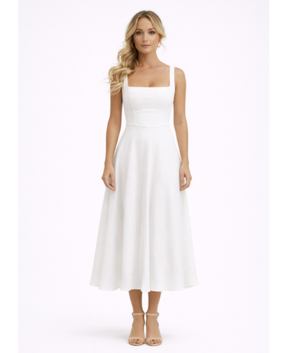 Robe Midi Évasée Femme – Bretelles Fines & Encolure Carrée, Style Élégant Estival Chic