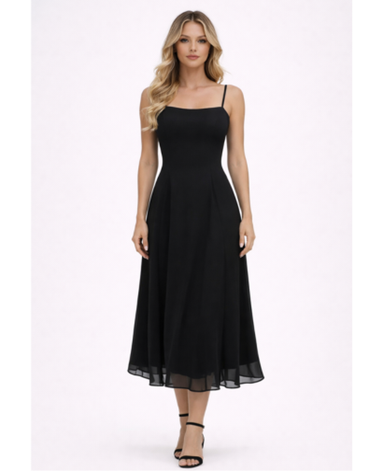 Robe Midi Évasée Femme – Bretelles Fines & Encolure Carrée, Style Élégant Estival Chic