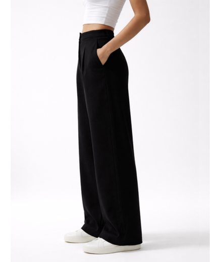 Pantalon Femme Taille Haute Fluide – Jambe Large Plissée & Tombé Élégant | Bureau & Soirée