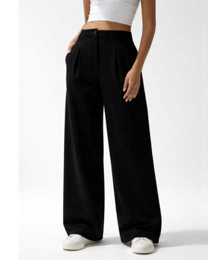 Pantalon Femme Taille Haute Fluide – Jambe Large Plissée & Tombé Élégant | Bureau & Soirée
