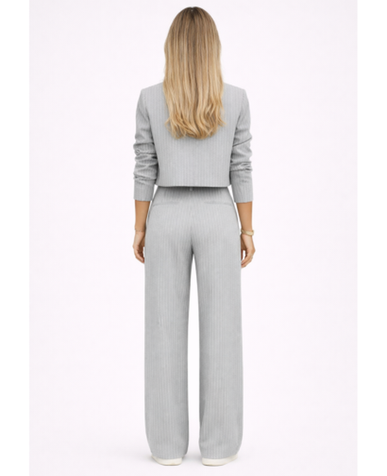 Ensemble Tailleur Rayé Femme – Blazer Court & Pantalon Large, Élégance Chic Bureau Soirée