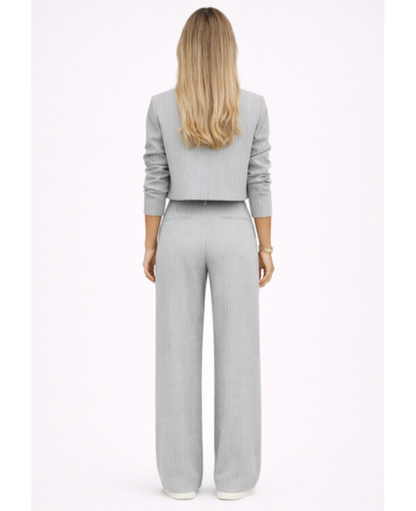 Ensemble Tailleur Rayé Femme – Blazer Court & Pantalon Large, Élégance Chic Bureau Soirée