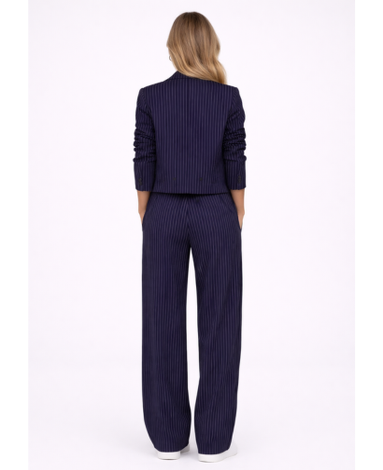 Ensemble Tailleur Rayé Femme – Blazer Court & Pantalon Large, Élégance Chic Bureau Soirée