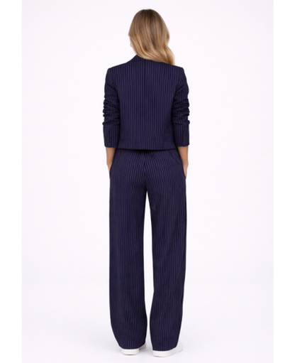 Ensemble Tailleur Rayé Femme – Blazer Court & Pantalon Large, Élégance Chic Bureau Soirée