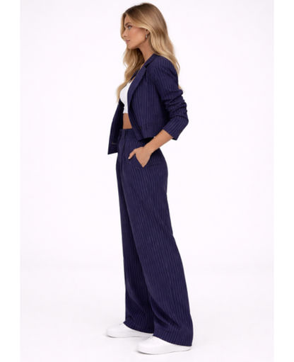 Ensemble Tailleur Rayé Femme – Blazer Court & Pantalon Large, Élégance Chic Bureau Soirée