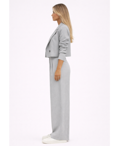 Ensemble Tailleur Rayé Femme – Blazer Court & Pantalon Large, Élégance Chic Bureau Soirée