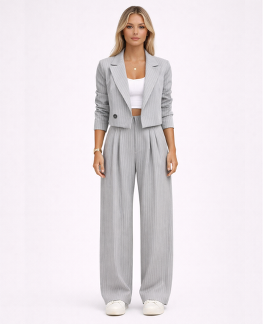 Ensemble Tailleur Rayé Femme – Blazer Court & Pantalon Large, Élégance Chic Bureau Soirée