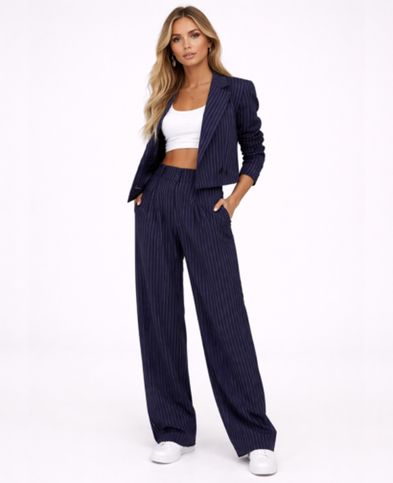 Ensemble Tailleur Rayé Femme – Blazer Court & Pantalon Large, Élégance Chic Bureau Soirée