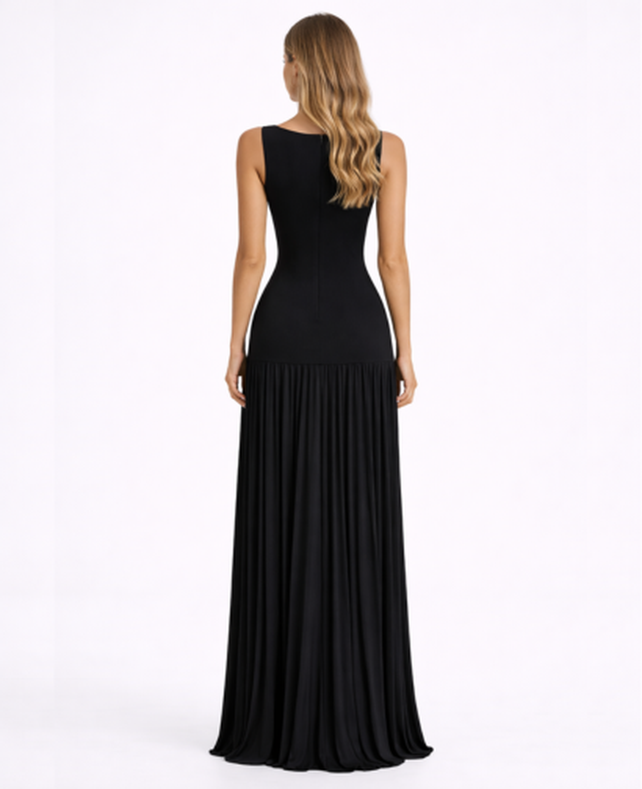 Robe longue ajustée sans manches avec jupe plissée fluide