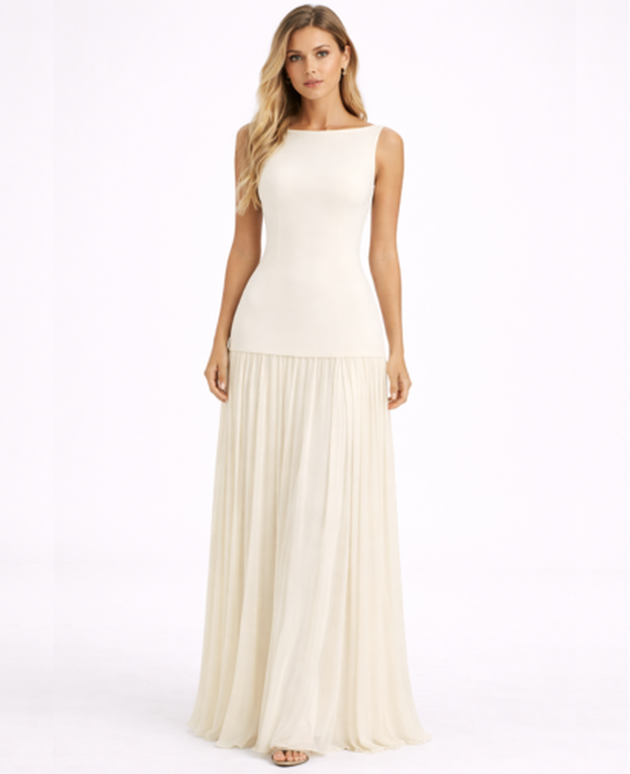 Robe longue ajustée sans manches avec jupe plissée fluide