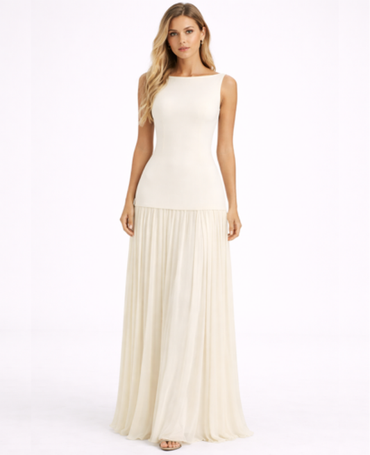 Robe longue ajustée sans manches avec jupe plissée fluide