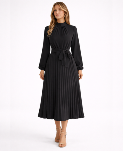 Robe midi plissée à manches longues avec col montant et ceinture