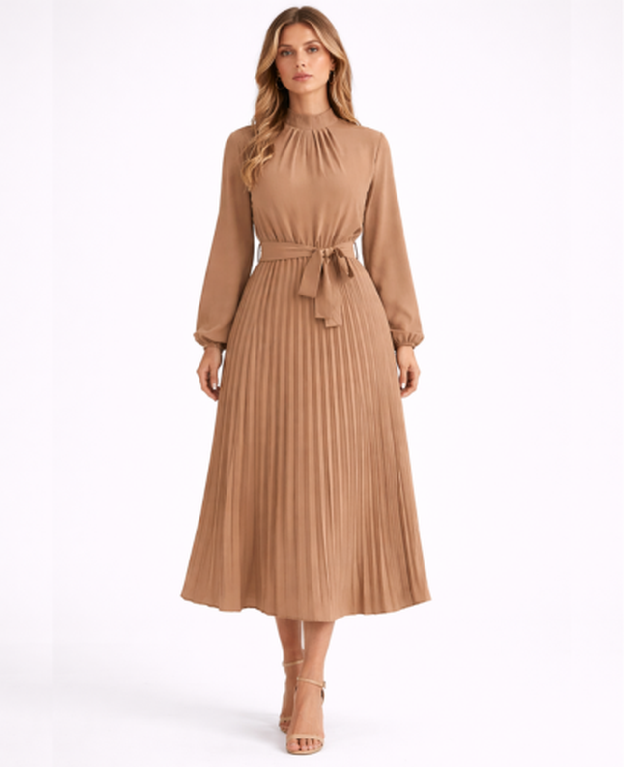 Robe midi plissée à manches longues avec col montant et ceinture