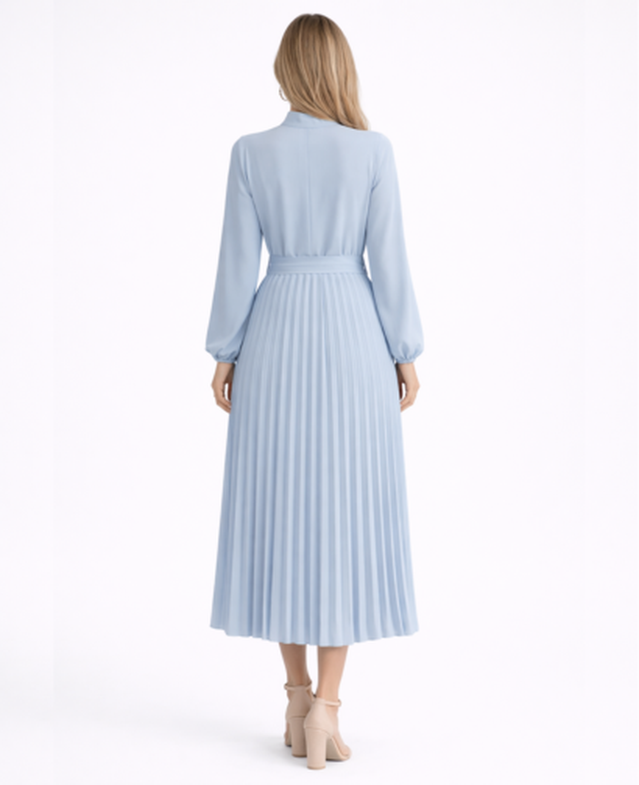 Robe midi plissée à manches longues avec col montant et ceinture