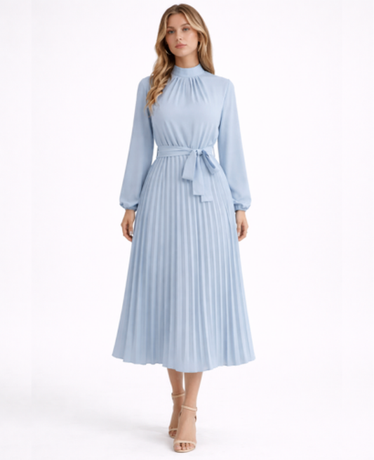 Robe midi plissée à manches longues avec col montant et ceinture