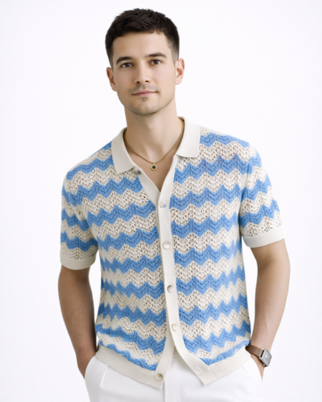 Polo Homme Maille – Motif Chevron & Manches Courtes | Style Décontracté Élégant