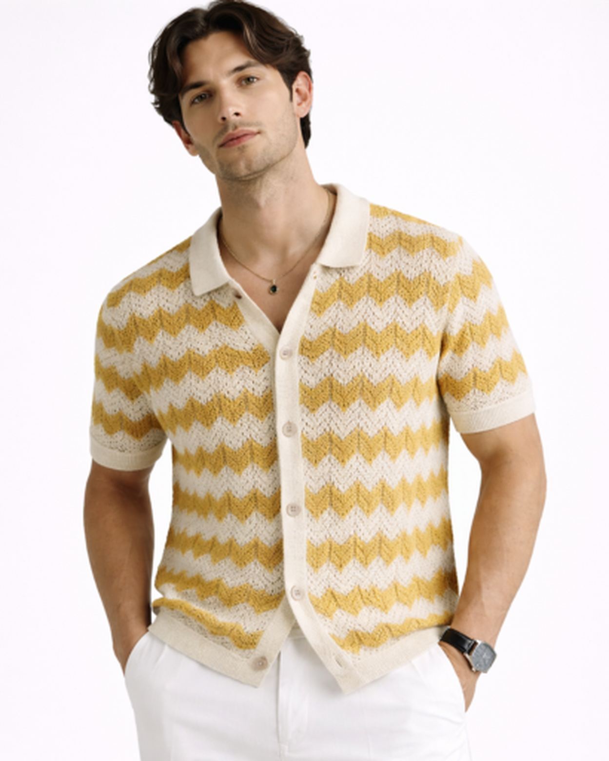 Polo Homme Maille – Motif Chevron & Manches Courtes | Style Décontracté Élégant