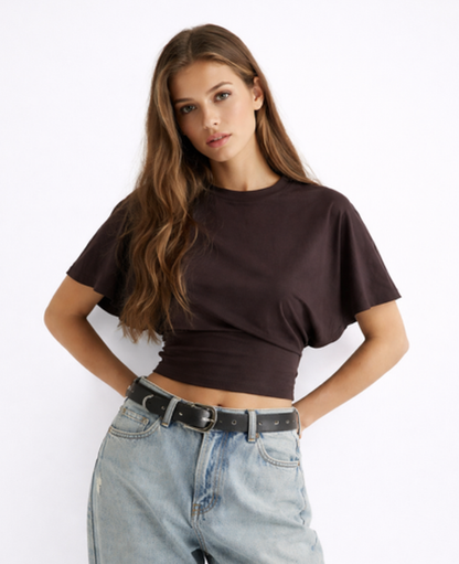 Top Court Femme Drapé – Encolure Ronde & Manches Courtes, Style Décontracté Chic