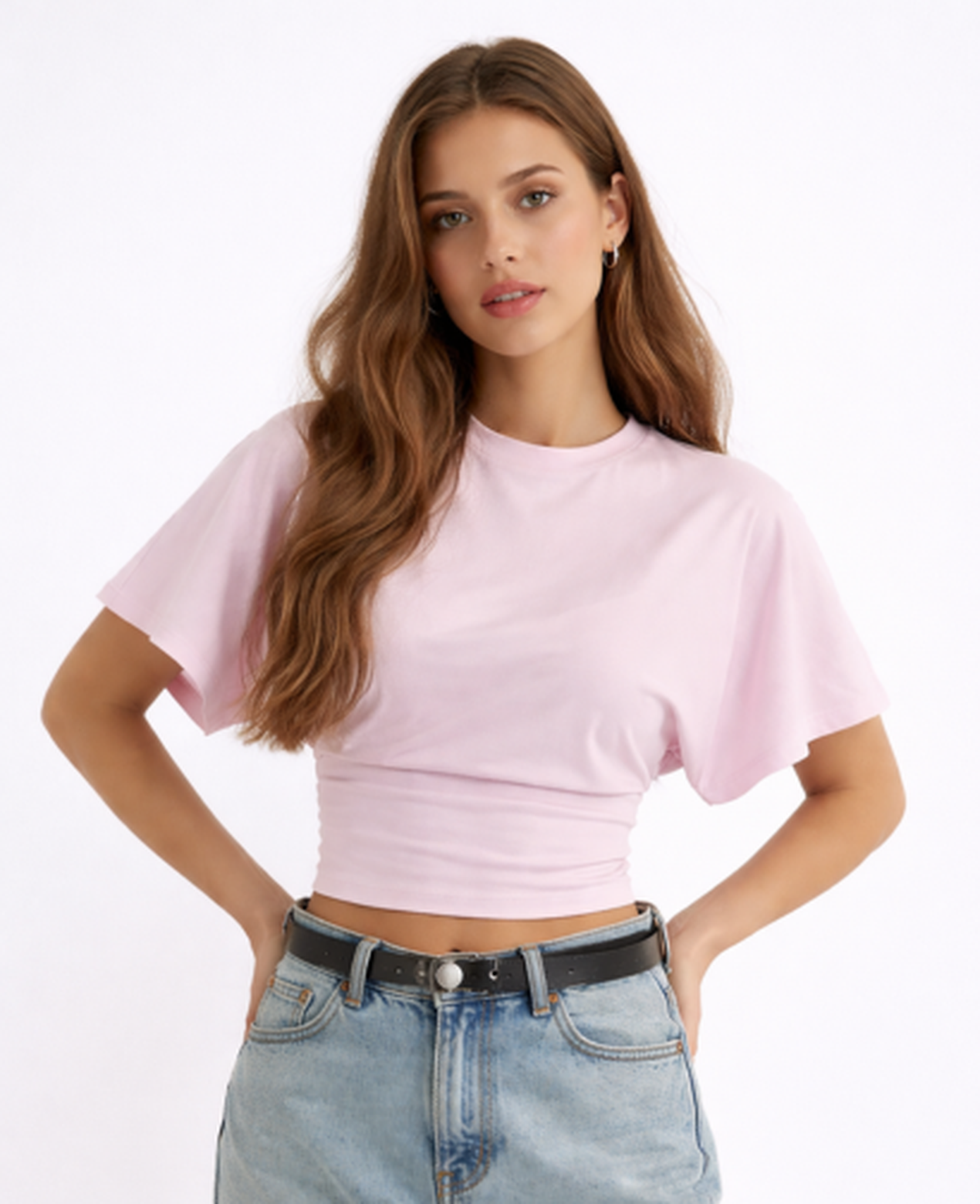 Top Court Femme Drapé – Encolure Ronde & Manches Courtes, Style Décontracté Chic