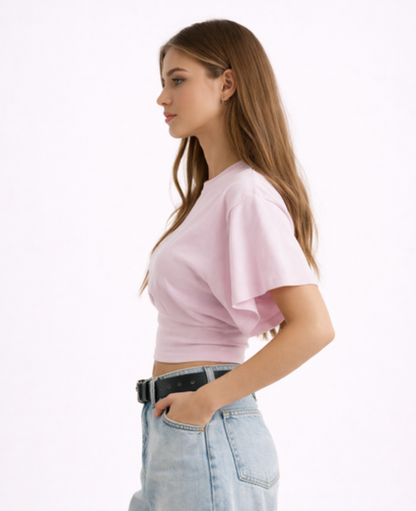 Top Court Femme Drapé – Encolure Ronde & Manches Courtes, Style Décontracté Chic