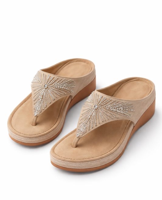 Sandales Compensées Femme – Bride Strass & Plateforme Confort, Élégance Estivale Chic